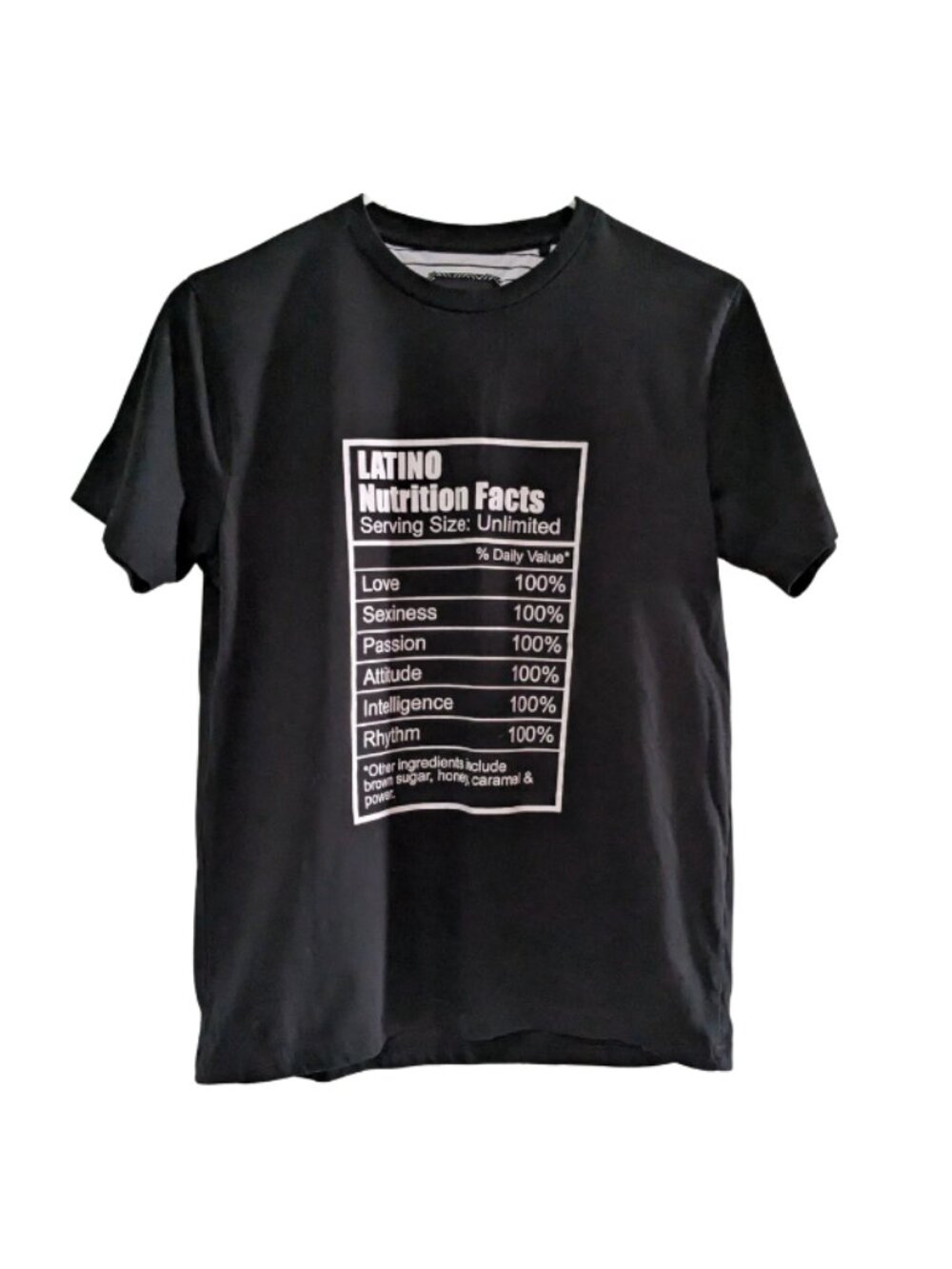 Denim & Flower Latino Nutrition Facts Graphic T-Shirt, Black White, Size Medium